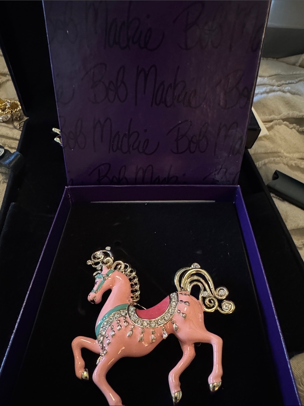 Bob Mackie Pink and Mint Carousel Horse Brooch signed